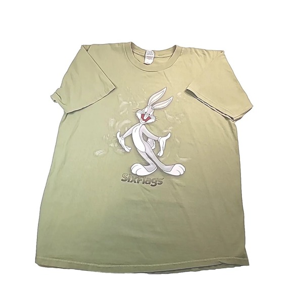 90s Bugs Bunny Six Flags License XL T Shirt Short Sleeve Army Green Graphic Vtg - Picture 1 of 7